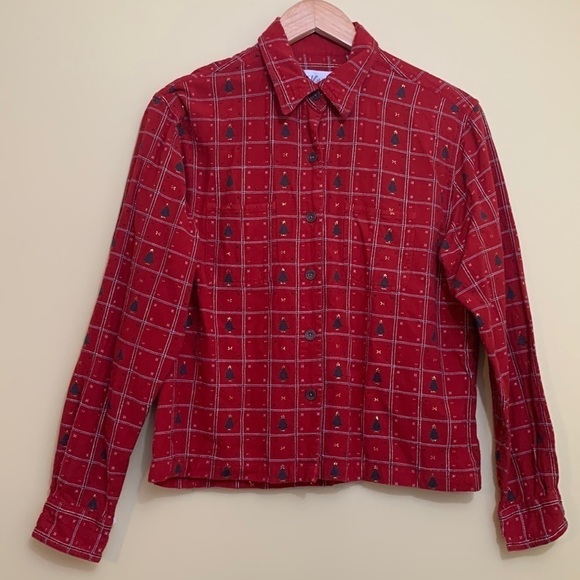 Dress Barn | Red Green Gold Xmas Tree Plaid Metallic Thread Button Down Shirt M - Picture 1 of 17